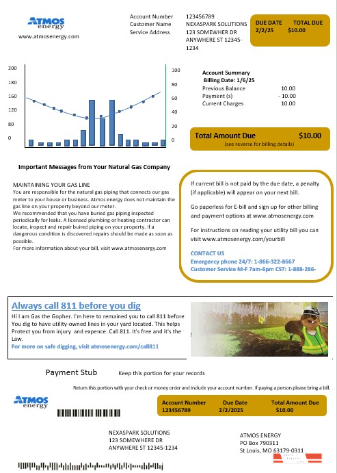 USA Virginia Atmos Energy business utility bill template in Word and PDF formats